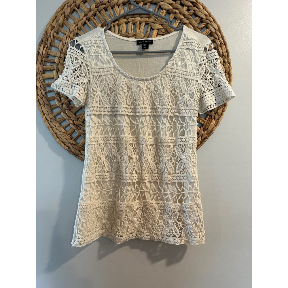 Willi Smith Womens Cream Crochet Lace Short Sleeve Blouse Top S